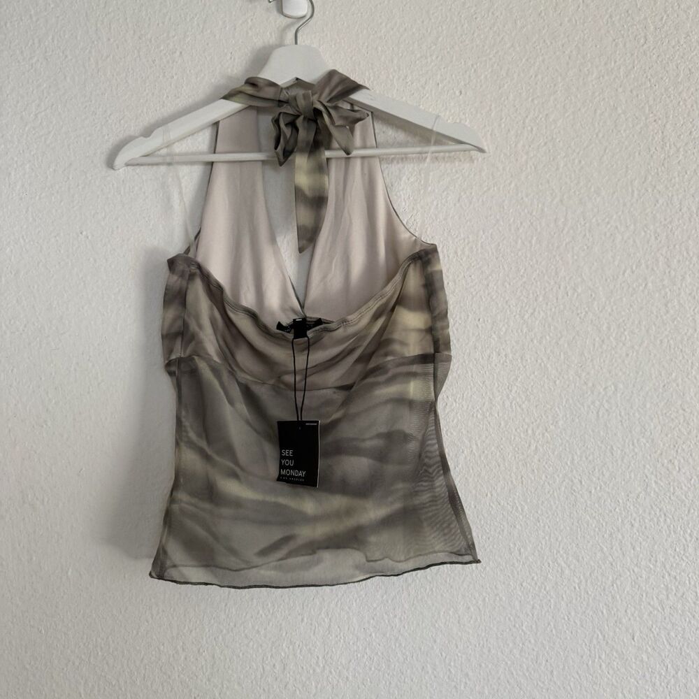 NWT Chic 2000s Fashion Sz L Soft Mesh Halter Top Blouse Women Green Festival Y2K - Picture 5 of 16